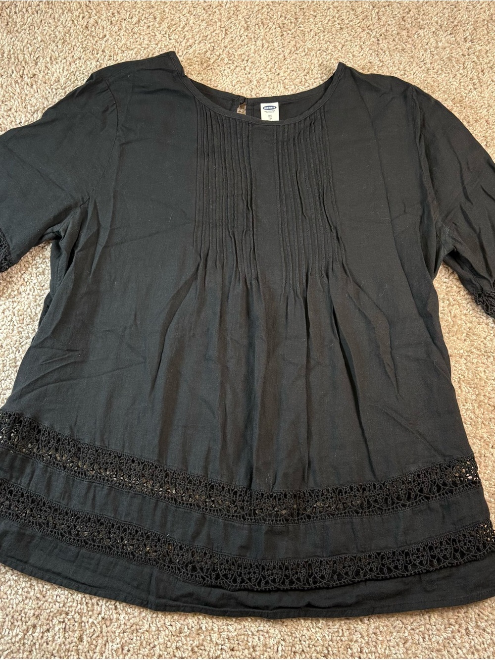 Old Navy Black Short Sleeve Pintuck Swing 100% Cotton Peasant Blouse Sz XS